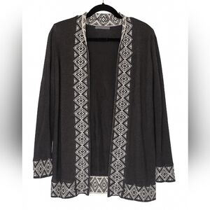 Octavia Open Front Cardigan Gray Black Aztec Trim‎ Cotton Viscose Cashmere Small